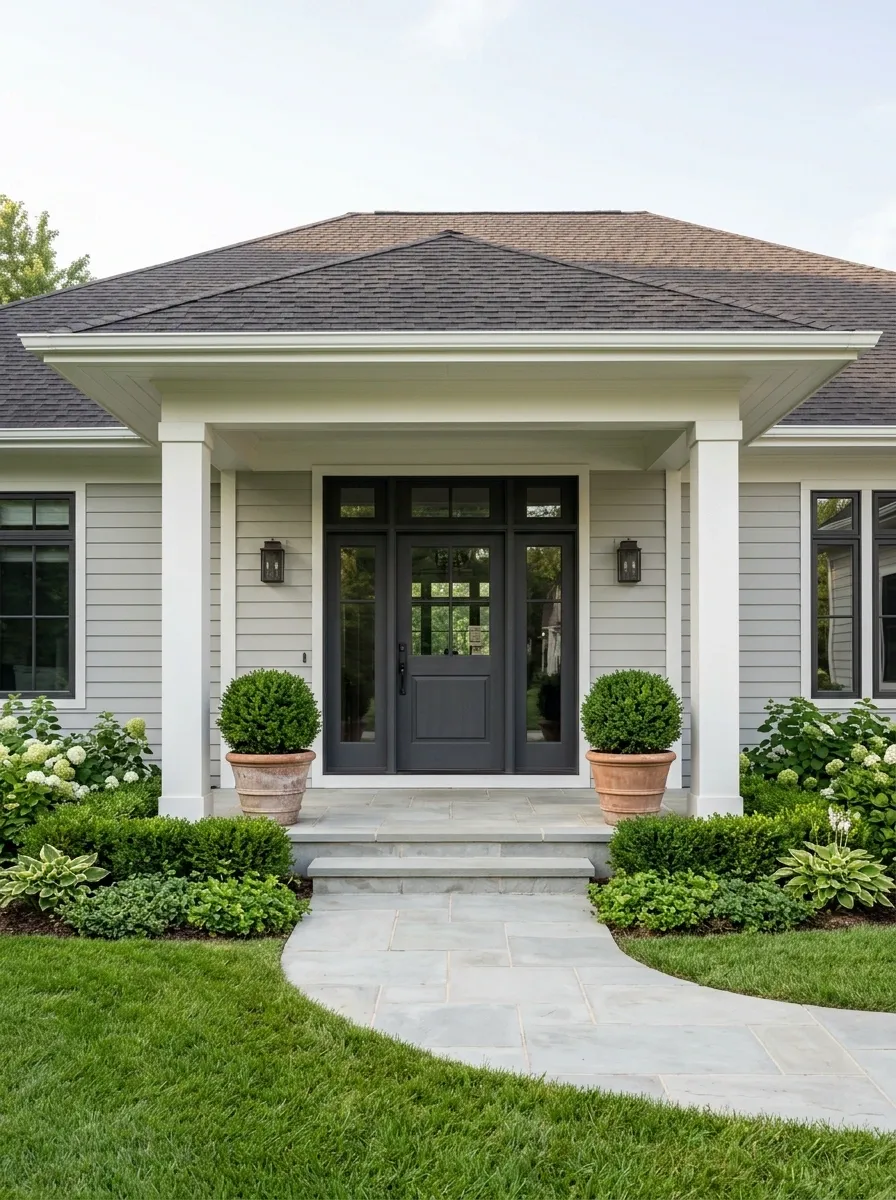 Wide Hip Roof Porch With Symmetrical Landscaping