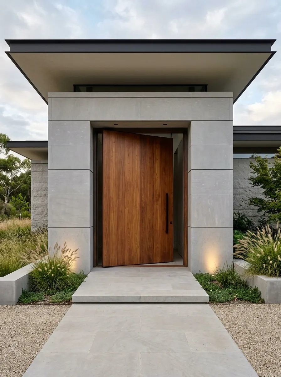 Wide Modern Pivot Door With Stone Threshold