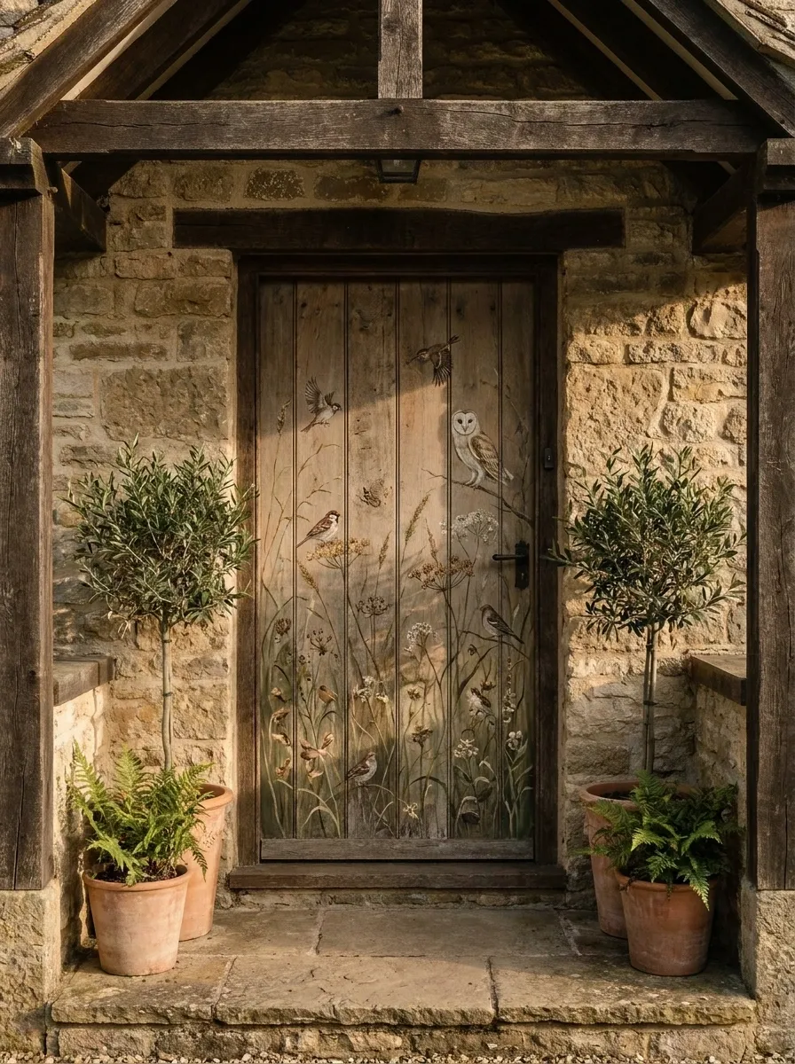 Wildlife Meadow Door With Birds Among Tall Grasses