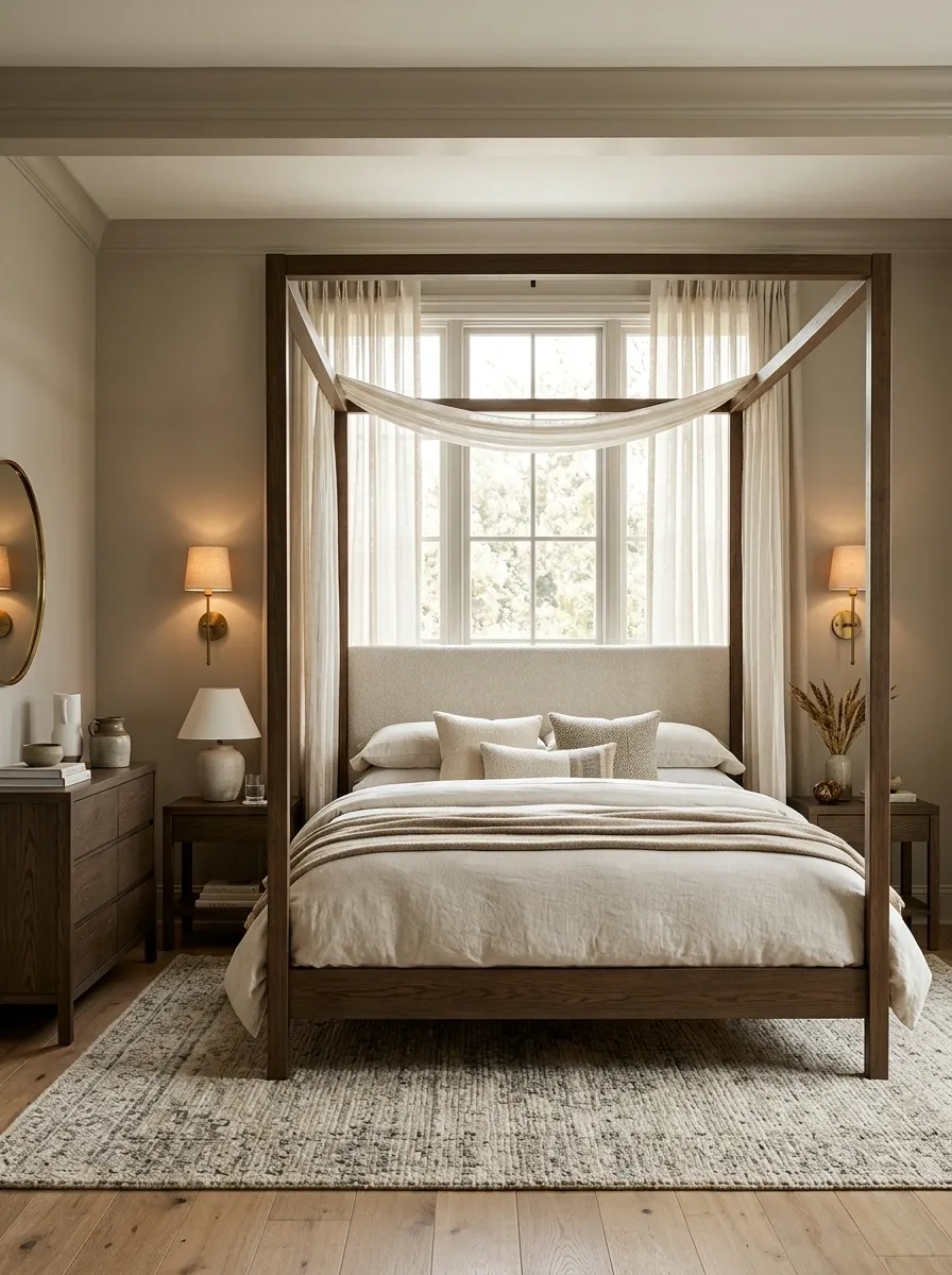 Window Behind a Draped Canopy Bed