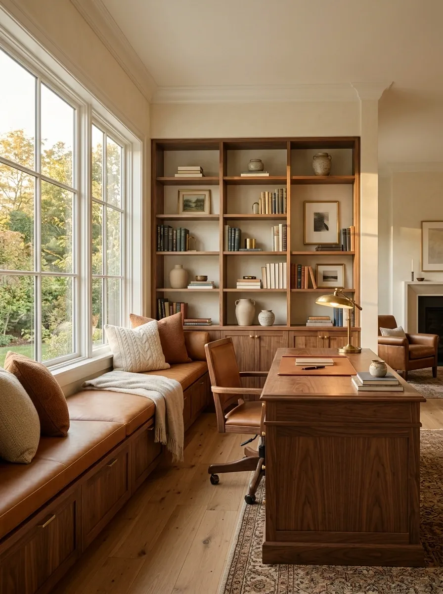 Window Bench and Open Shelving in a Warm Study