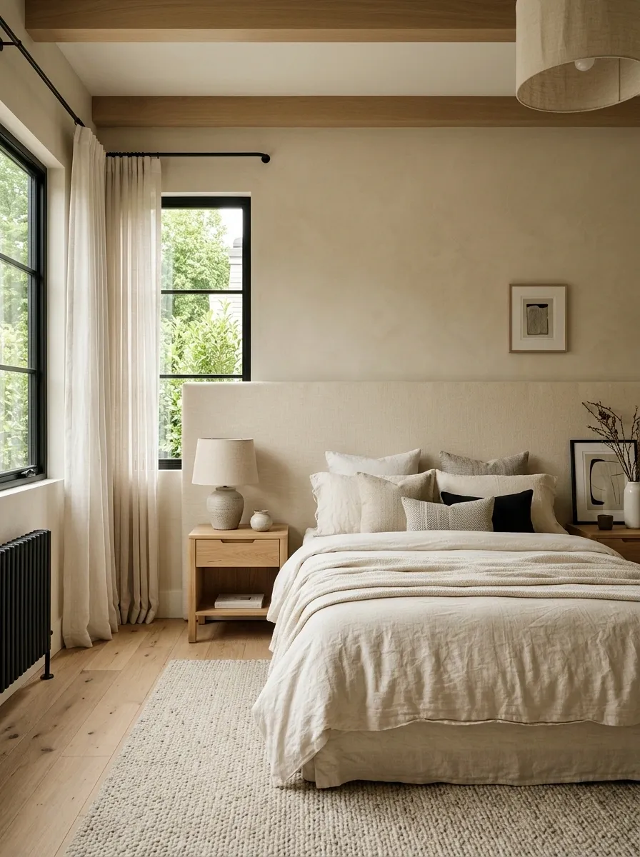 Window-Framed Bed With an Off-Center Linen Headboard