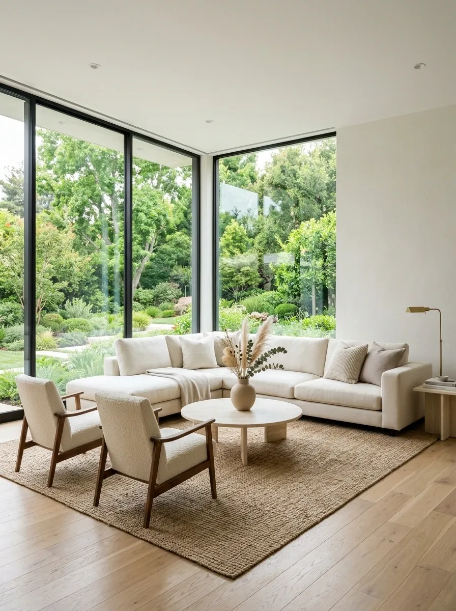 Window-Wrapped Sectional With an Open View Toward the Garden