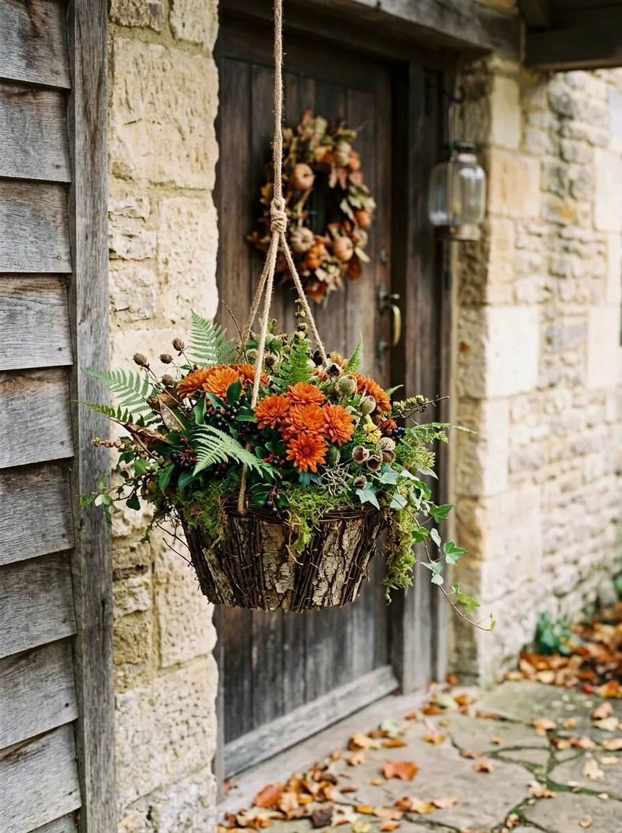 Woodland Basket With Ferns, Berries, And Deep Orange Mums