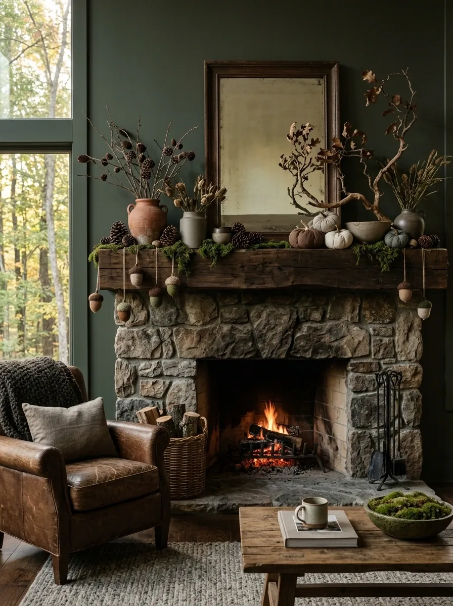 Woodland-Inspired Mantel With Acorn Details