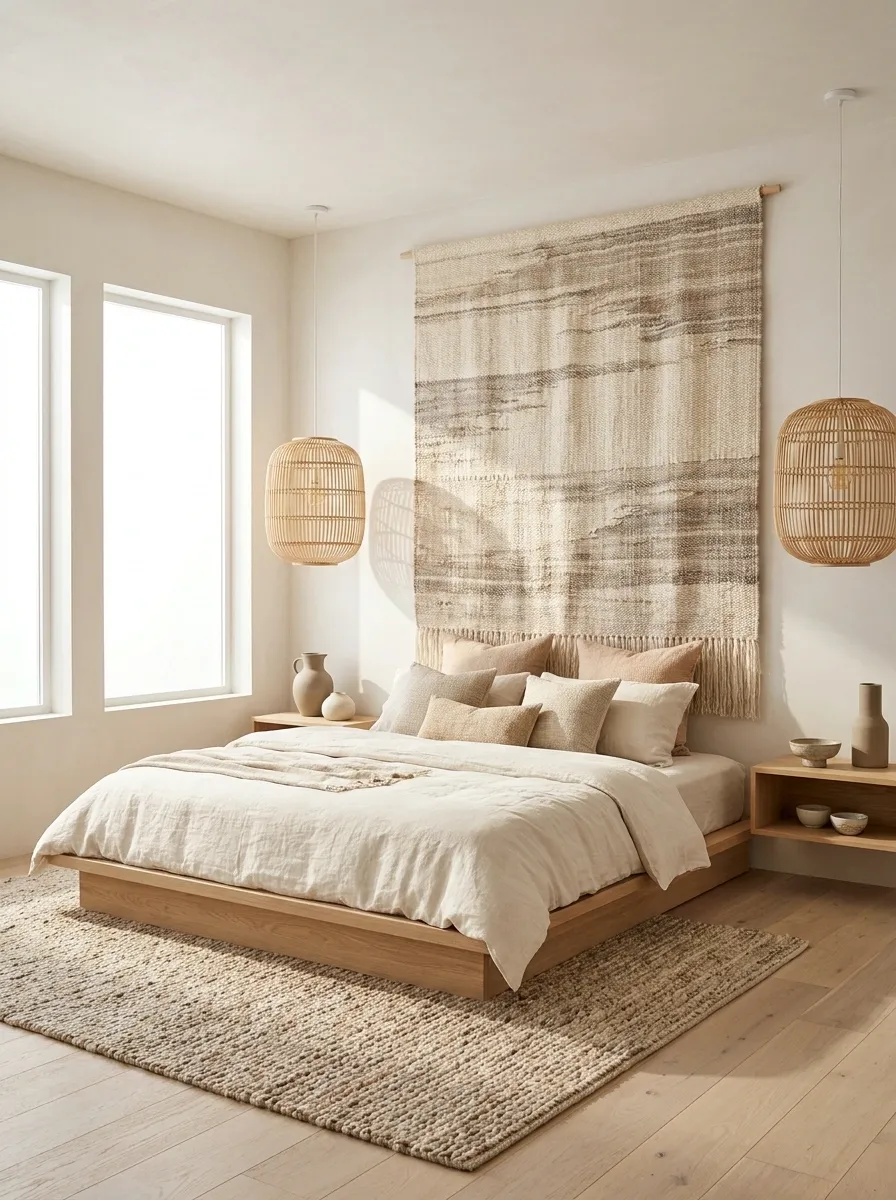 Woven Textile Wall Behind a Minimal Platform Bed