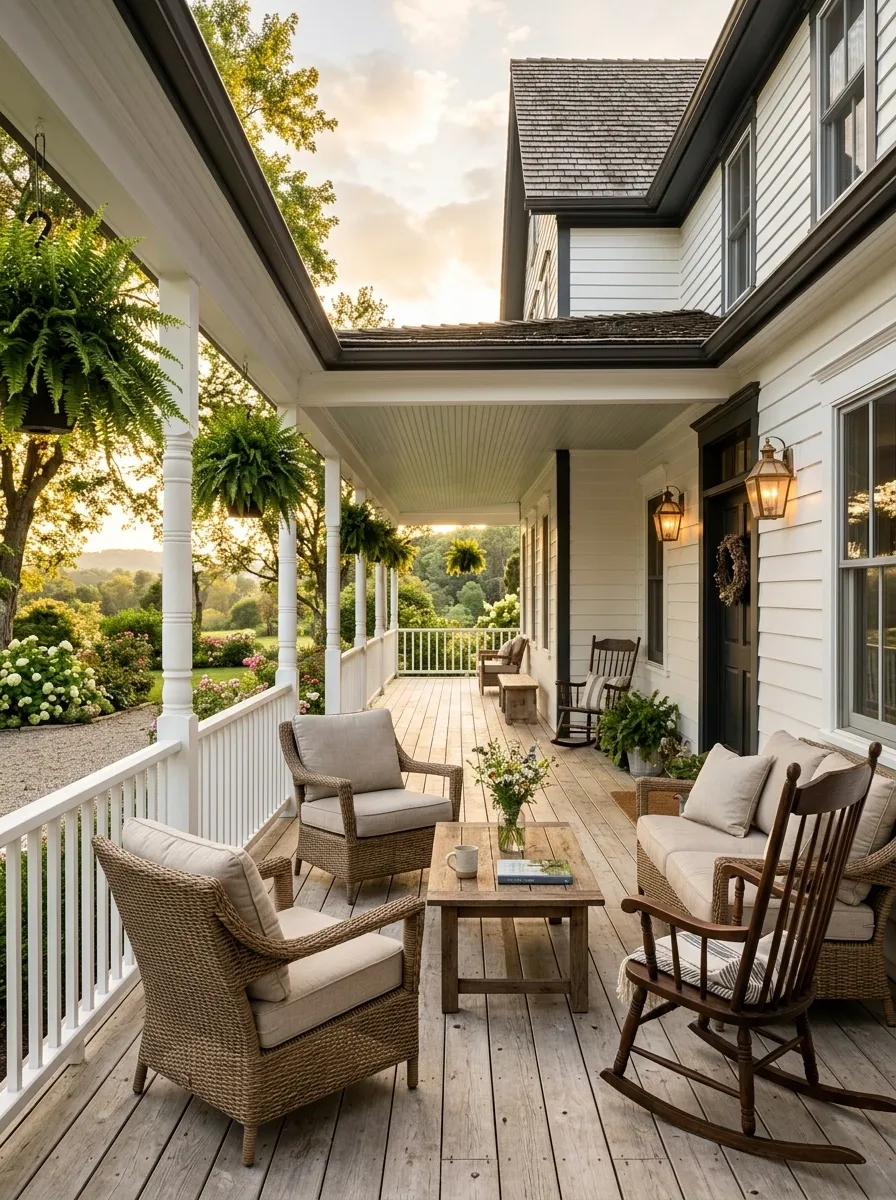 Wraparound Country Porch With White Railings and Woven Seating