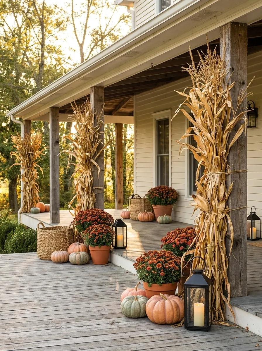 Wraparound Porch With Corn Stalks Creating a Continuous Rhythm