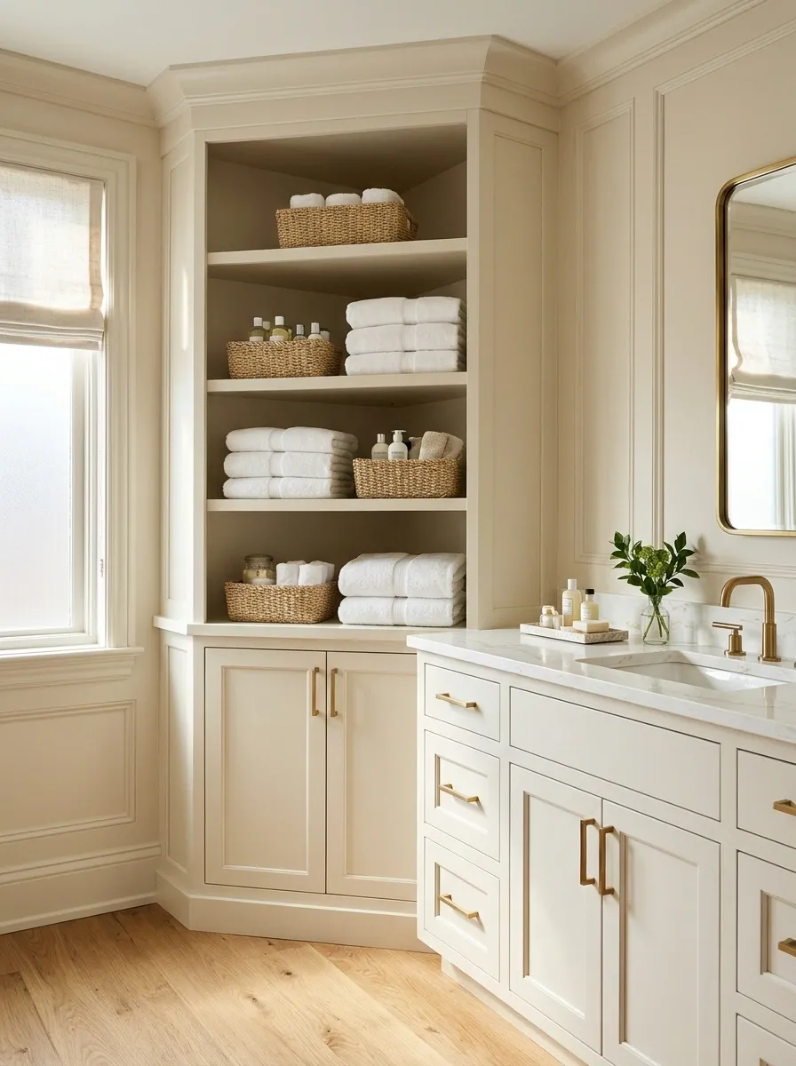 A Bathroom Corner Tower for Folded Linen