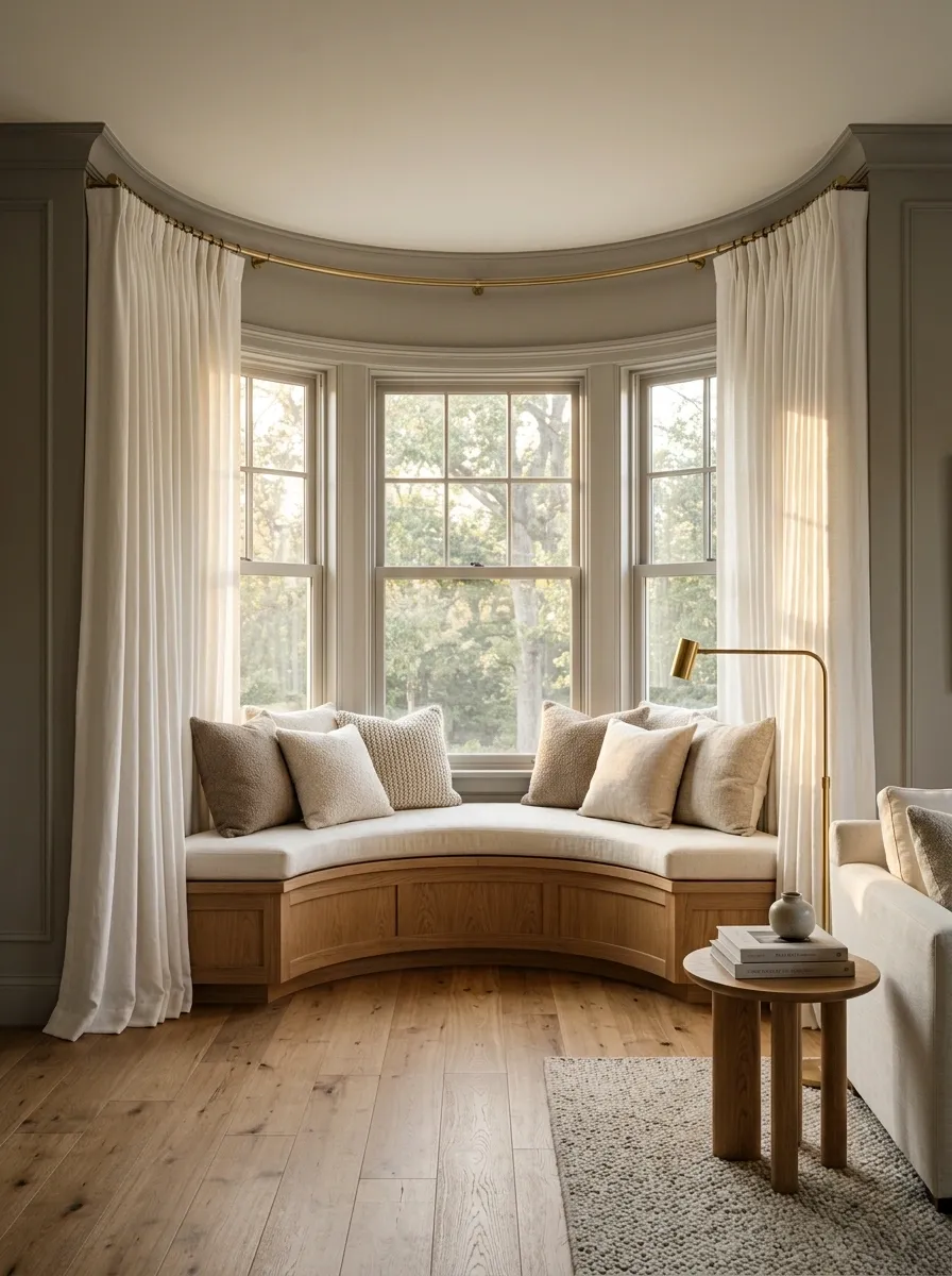 A Bay Window With Curved Drapery and a Built-In Window Seat