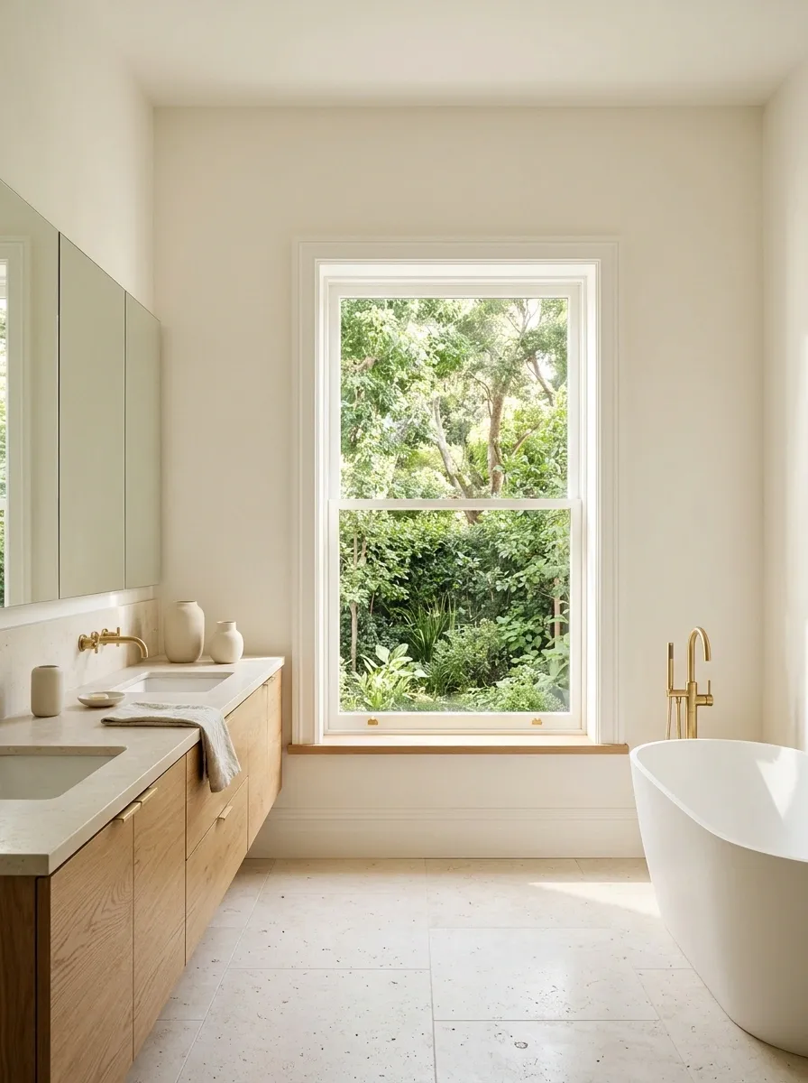 A Bright Bathroom With Bare Windows and Carefully Chosen Trim
