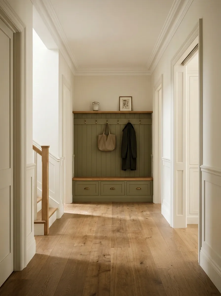 A Built-In Bench With Wall Hooks and an Upper Display