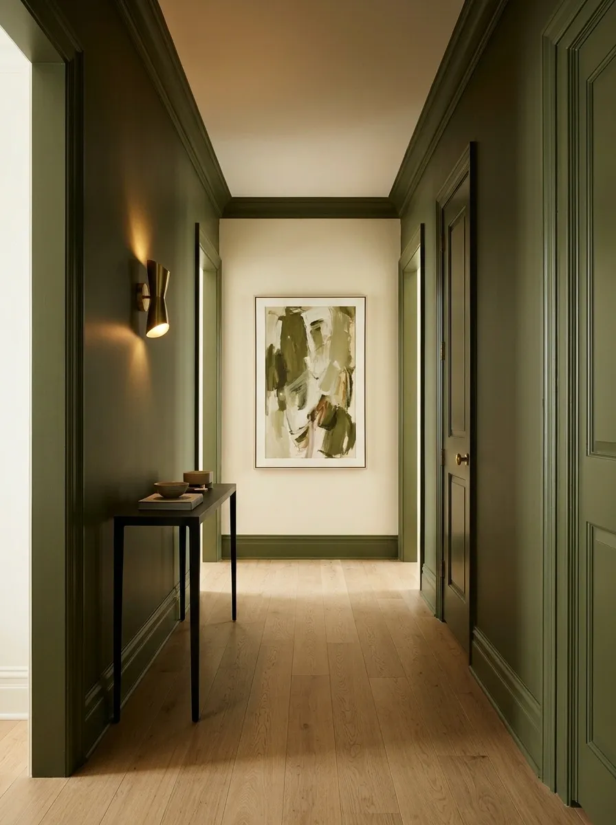 A Color-Drenched Hallway With a Contrasting End Wall