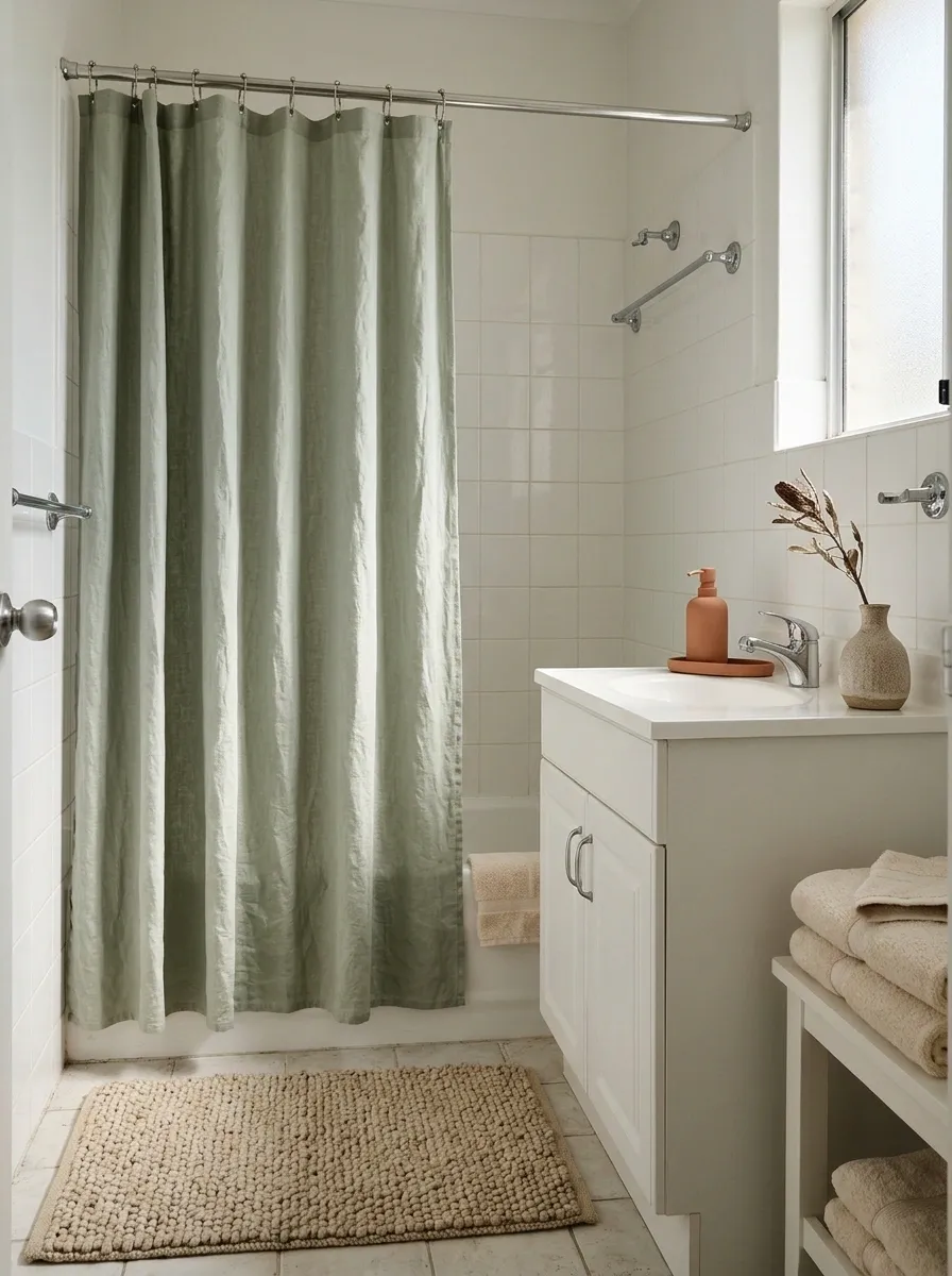 A Coordinated Bathroom Built Around Matching Textiles and Accessories