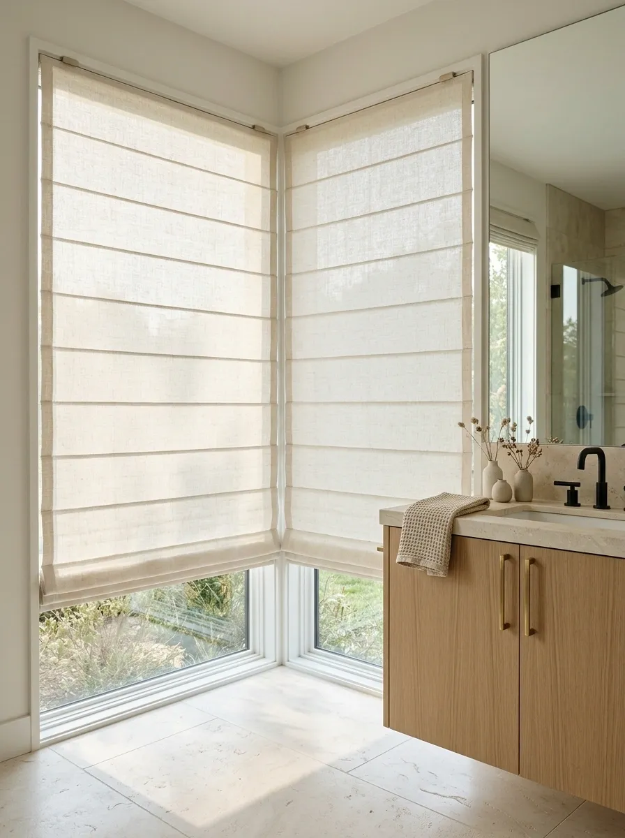 A Corner Bathroom Window With Matching Shade Treatments
