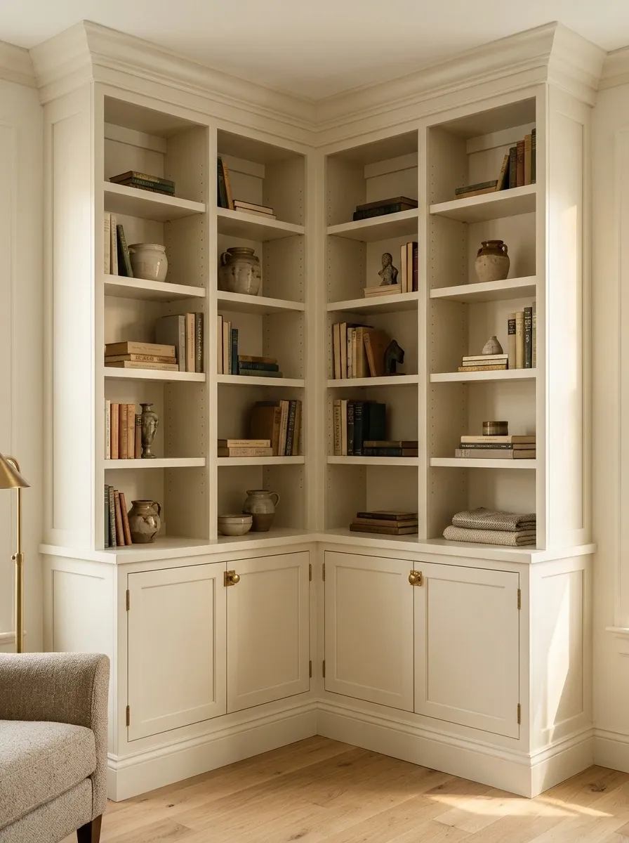 A Corner Book Cabinet With Shallow Shelves on Both Walls