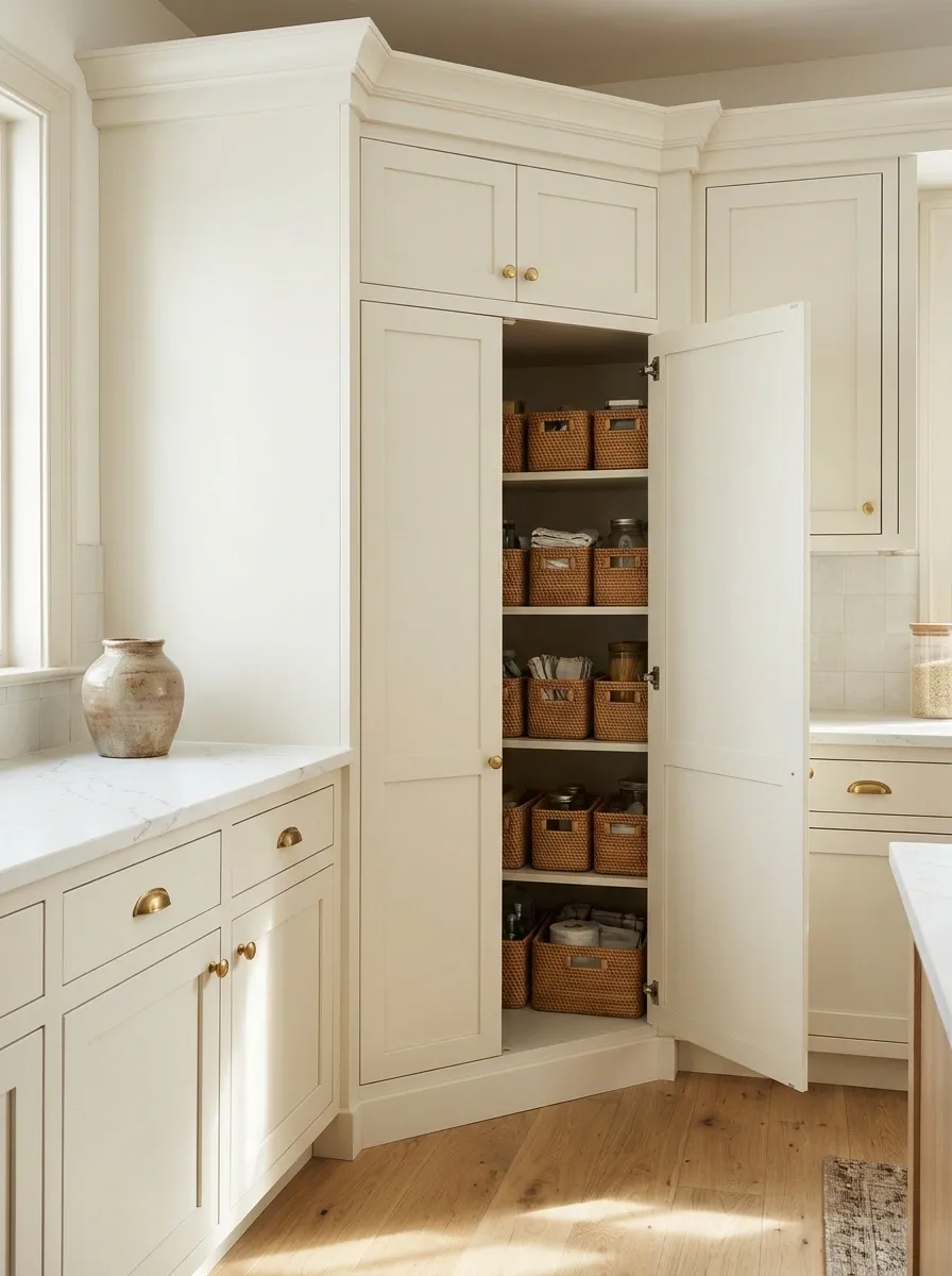 A Corner Cupboard With Removable Storage Bins