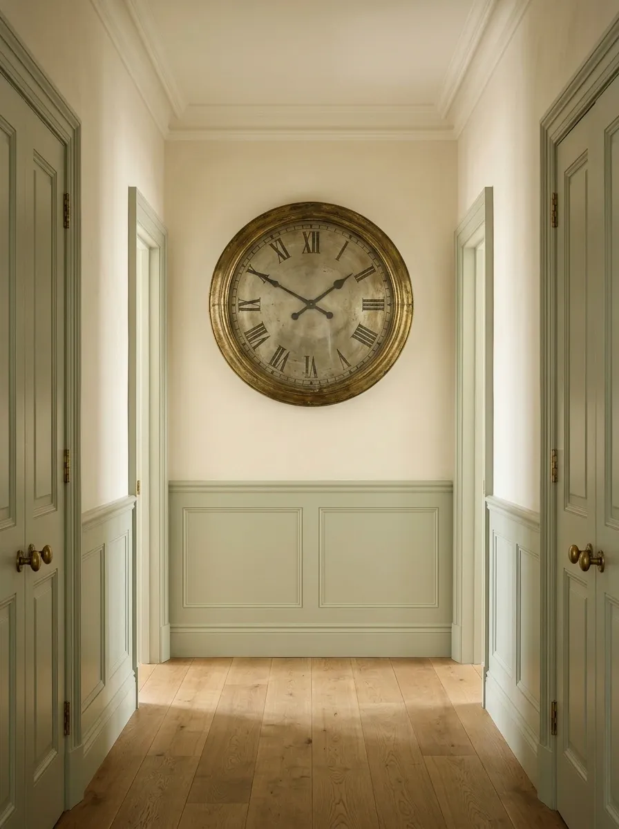A Decorative Wall Clock in a Traditional Hallway