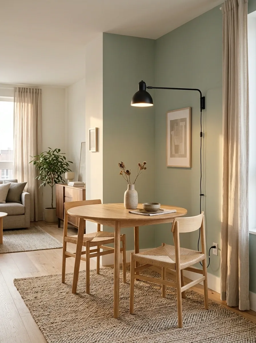 A Defined Dining Nook With Its Own Lighting and Color Palette