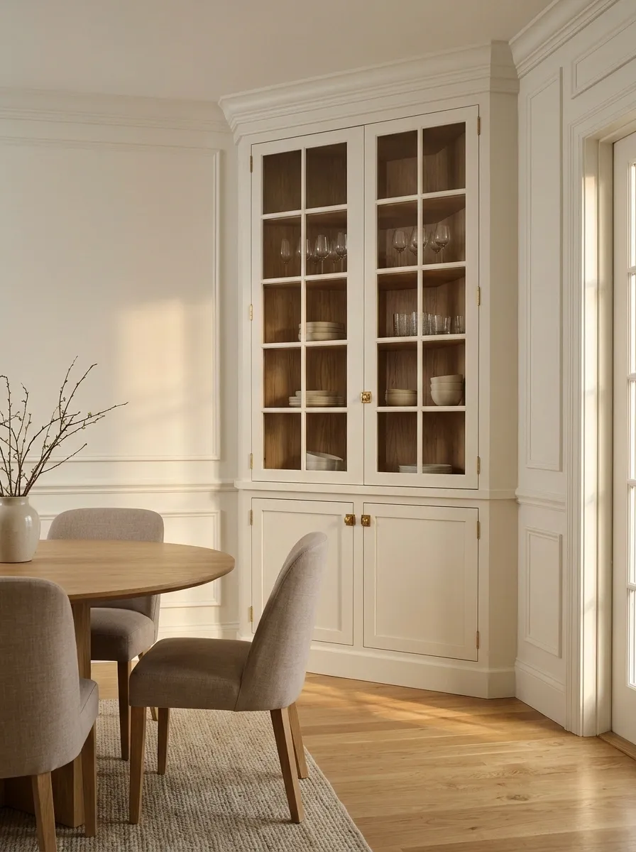 A Dining Corner With a Diagonal Glass-Front Cabinet