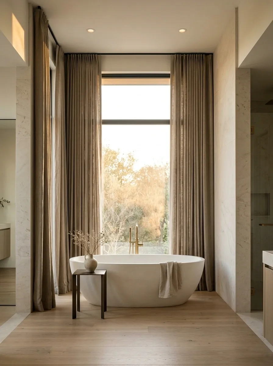 A Dramatic Tub Alcove With Floor-to-Ceiling Window Drapery
