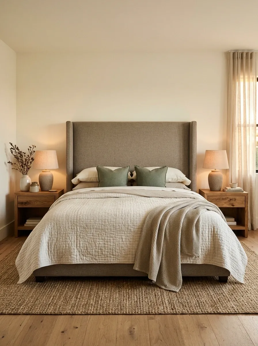 A Finished Bedroom Built Around a Freestanding Upholstered Headboard