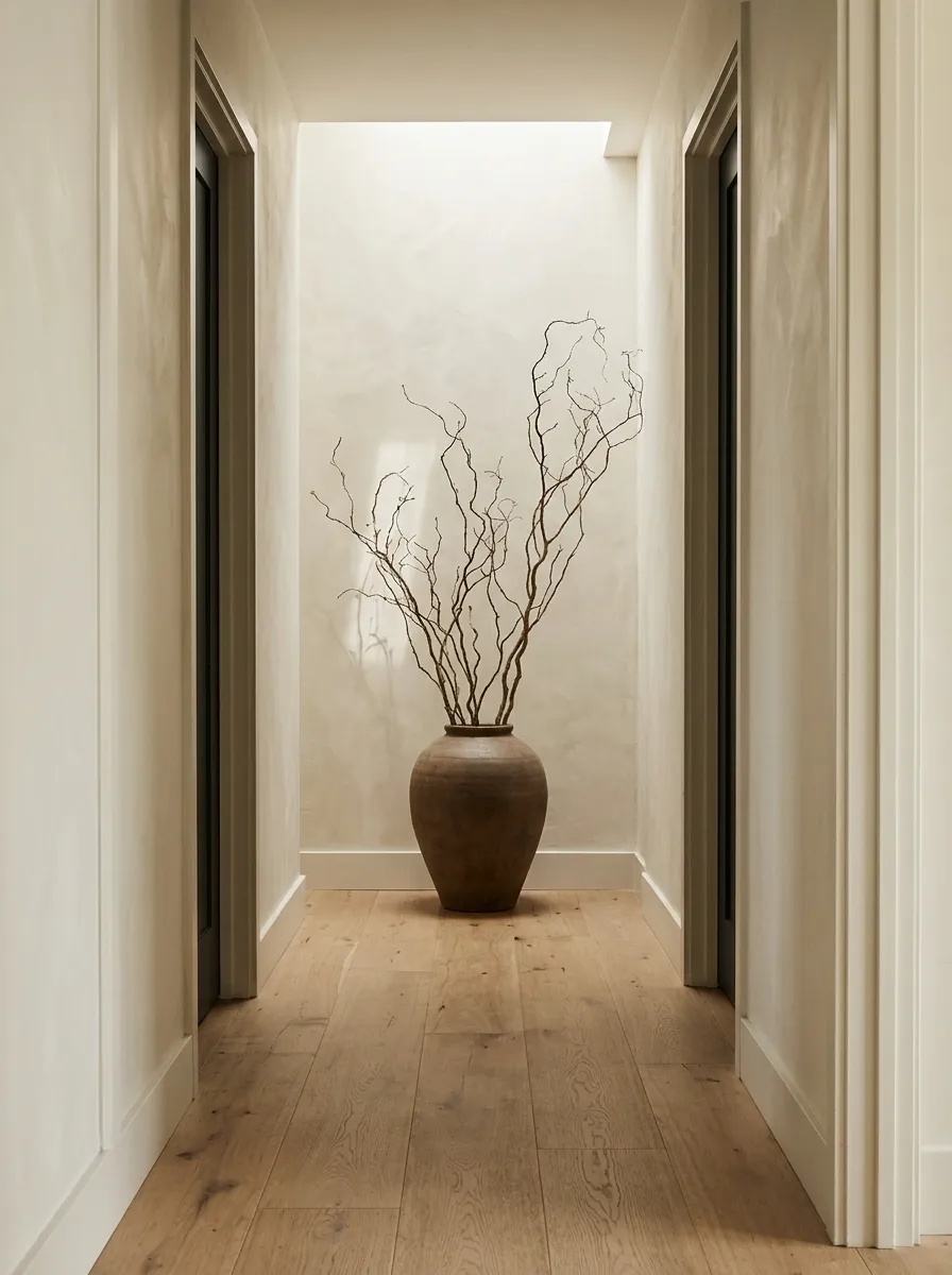 A Floor Vase and Branch Arrangement Against Textured Plaster