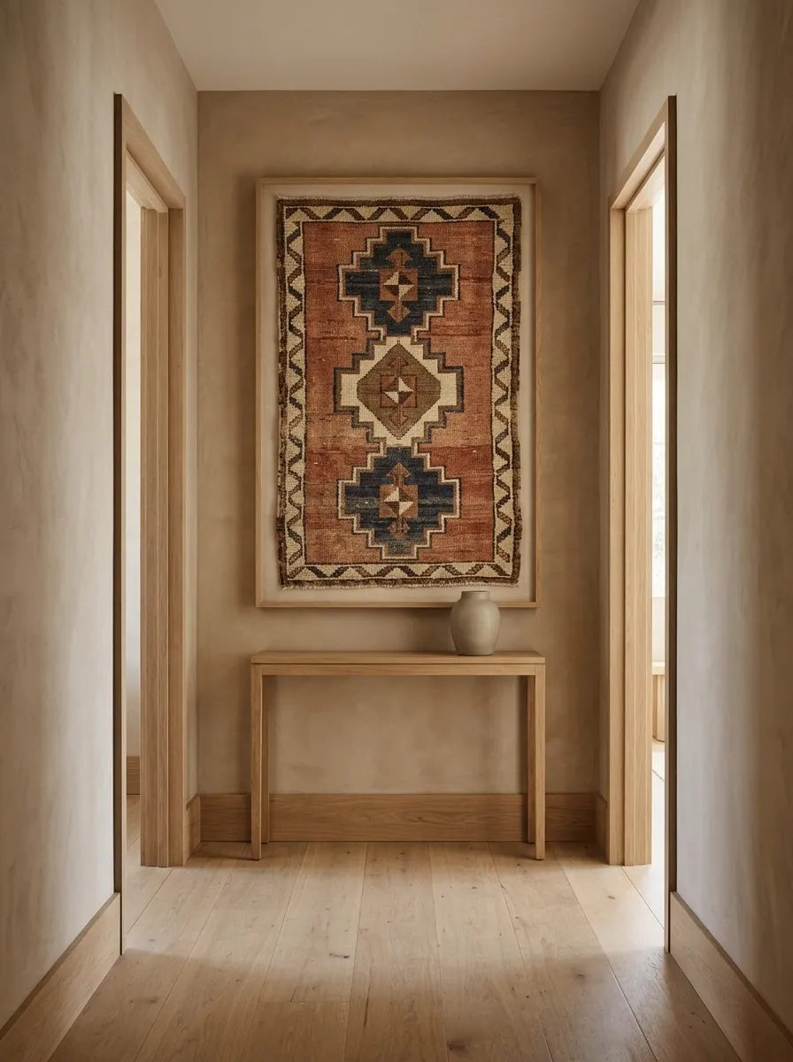 A Framed Textile as the Hallway's Main Feature
