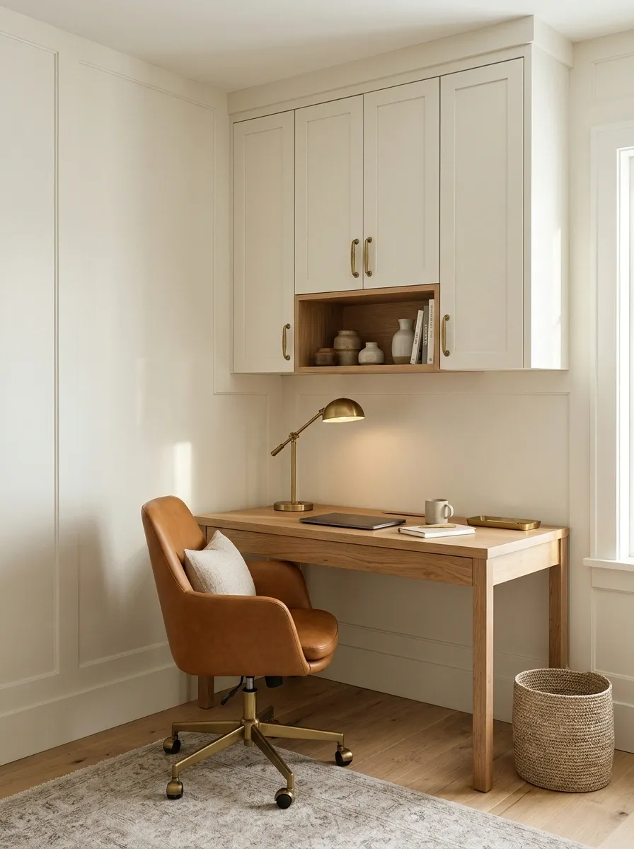 A Home Office Corner With Shallow Upper Cabinets