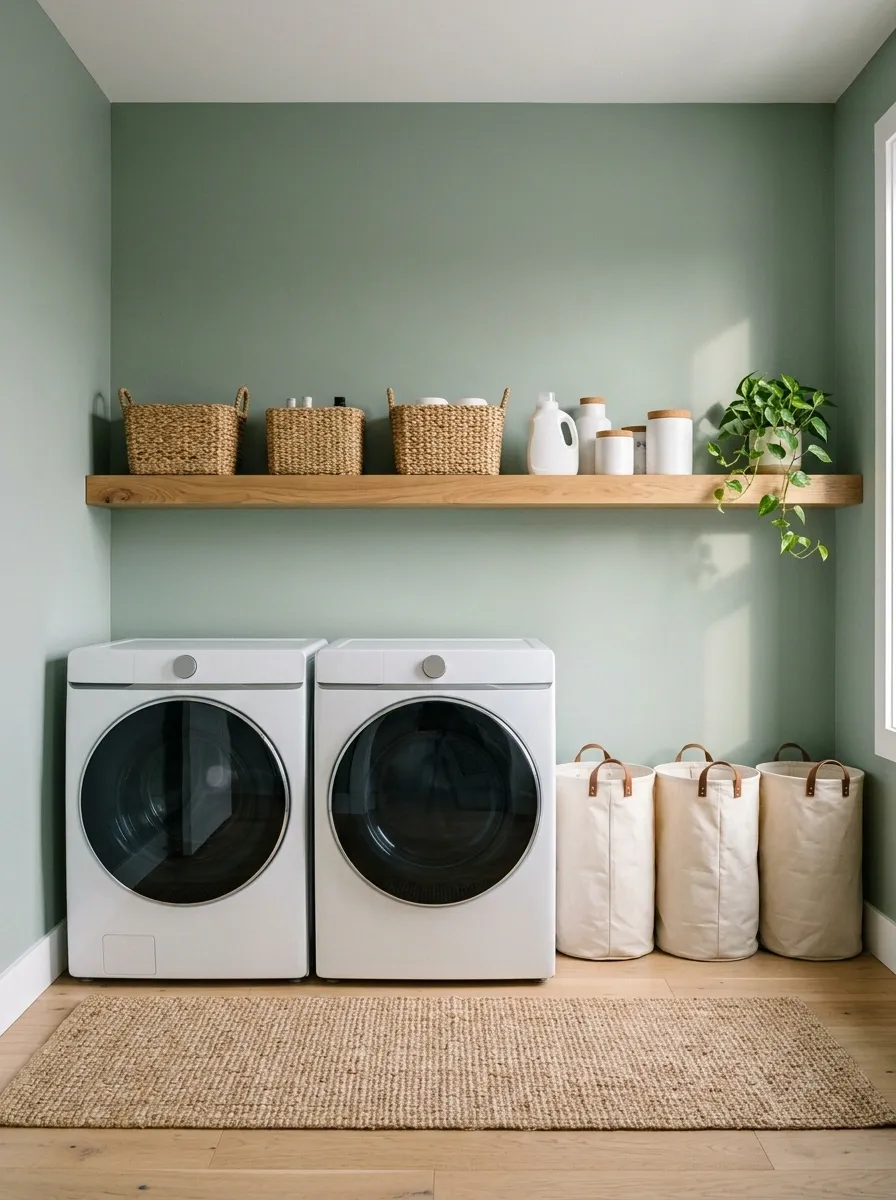A Laundry Area With Freestanding Storage and a Sorting Station