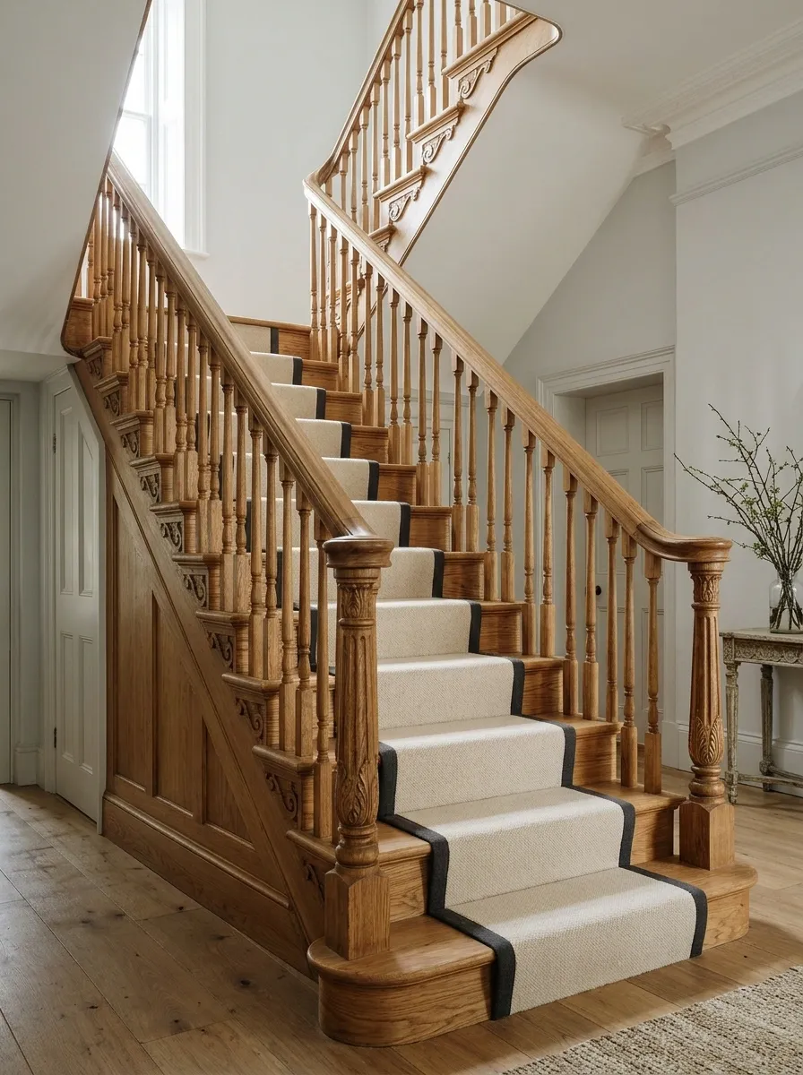 A Plain Runner Beside Decorative Stair Brackets