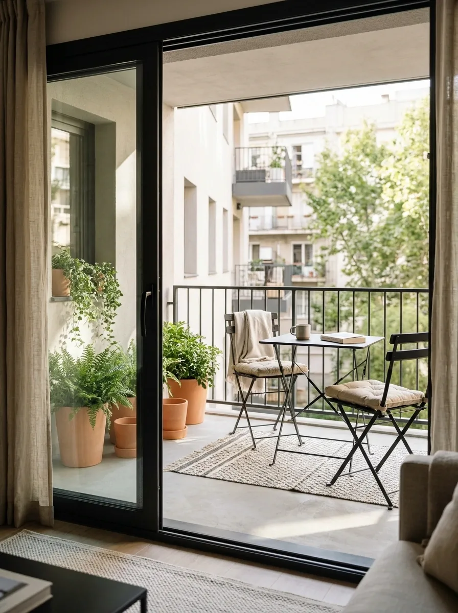 A Rental Balcony Arranged as a Compact Outdoor Lounge