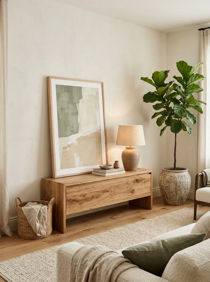 A Rental Living Room With a Freestanding Art and Plant Arrangement
