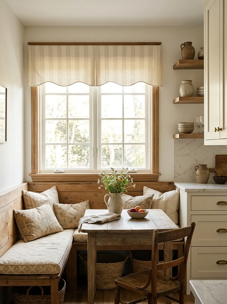A Scalloped Fabric Valance Above a Vintage Kitchen Banquette