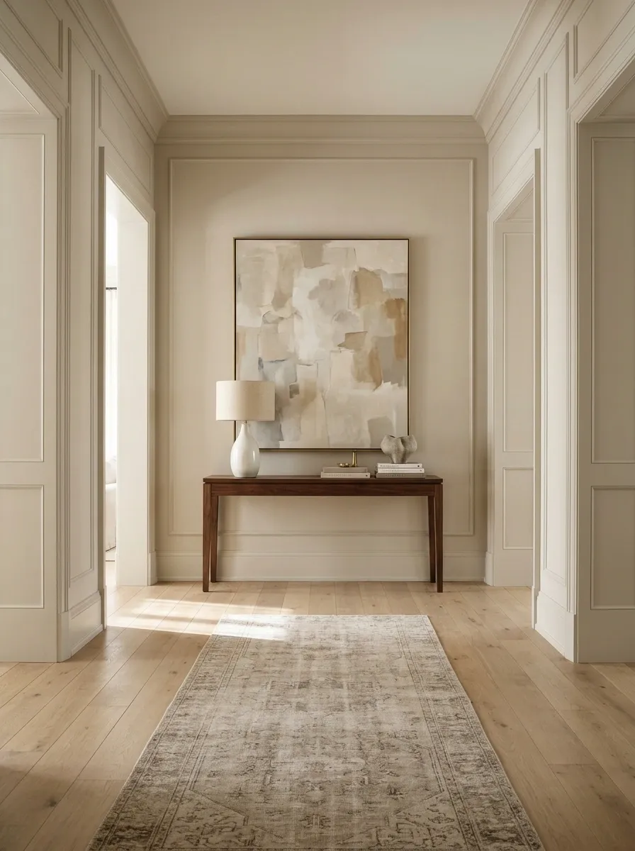 A Slim Console Table With Layered Artwork