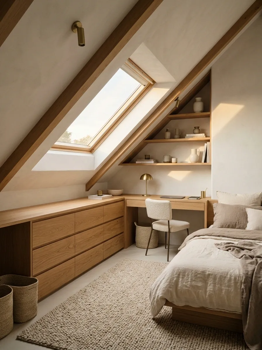 A Sloping-Ceiling Corner With Low Drawers and an Open Top