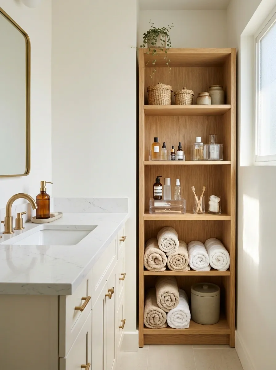 A Small Bathroom With Vertical Storage and Clear Counter Space