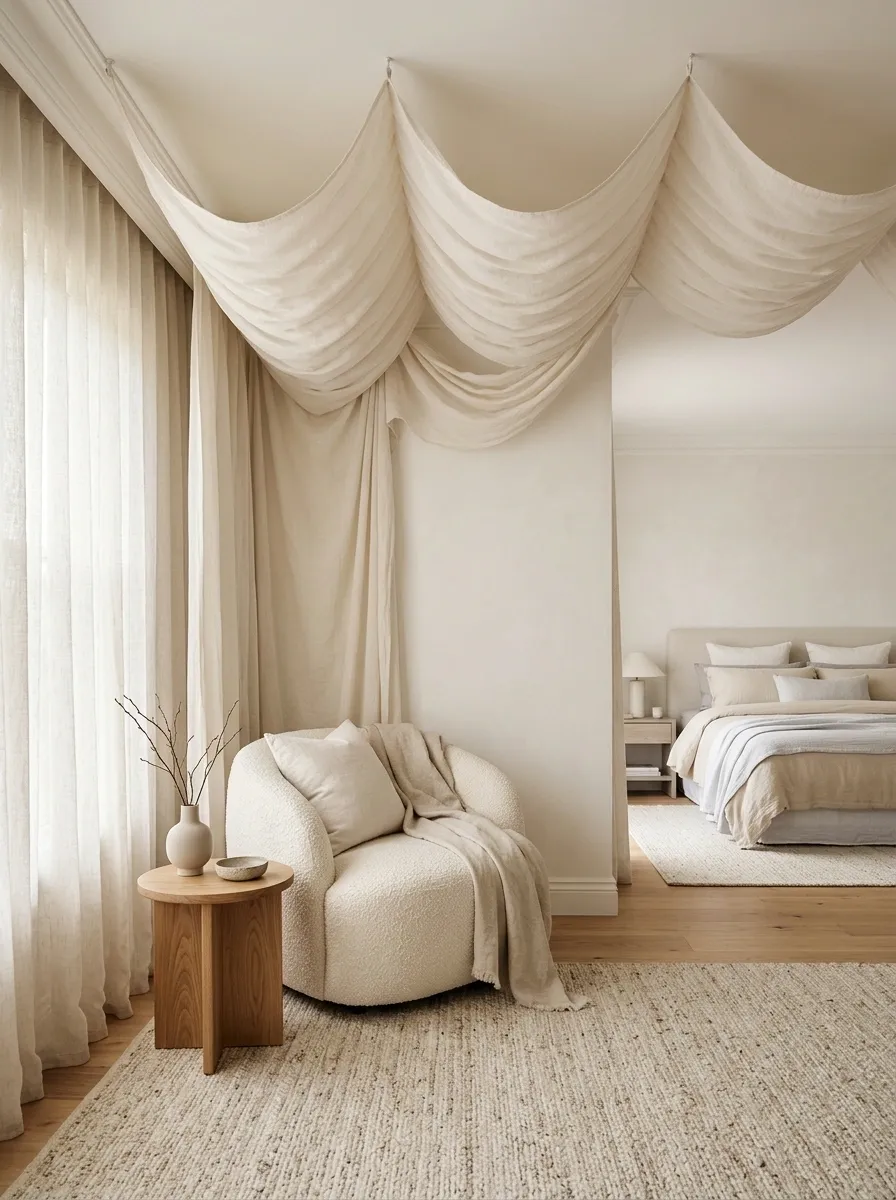 A Soft Fabric-Draped Ceiling Over a Bedroom Seating Area