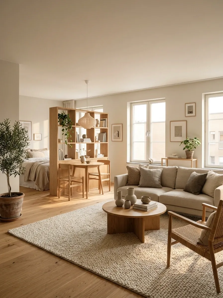 A Studio Apartment With Clearly Defined Living and Dining Areas