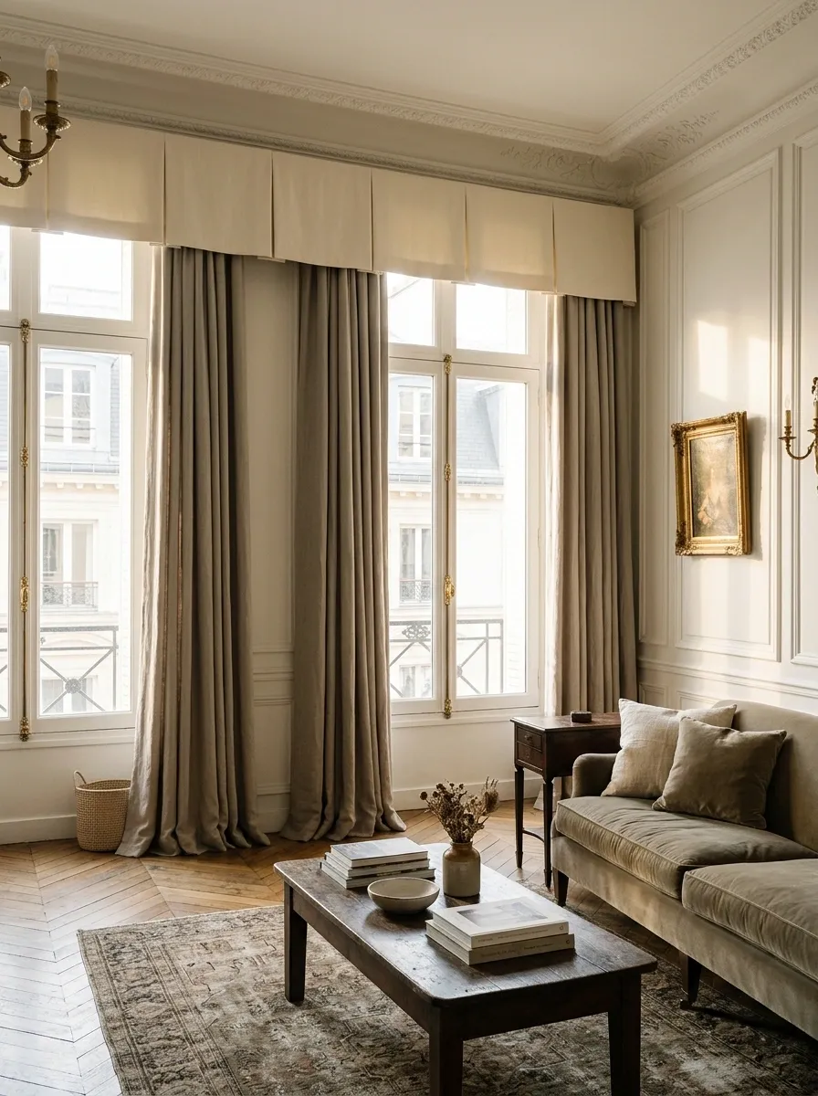 A Tailored Box-Pleated Pelmet With Full Curtains in a Parisian Sitting Room