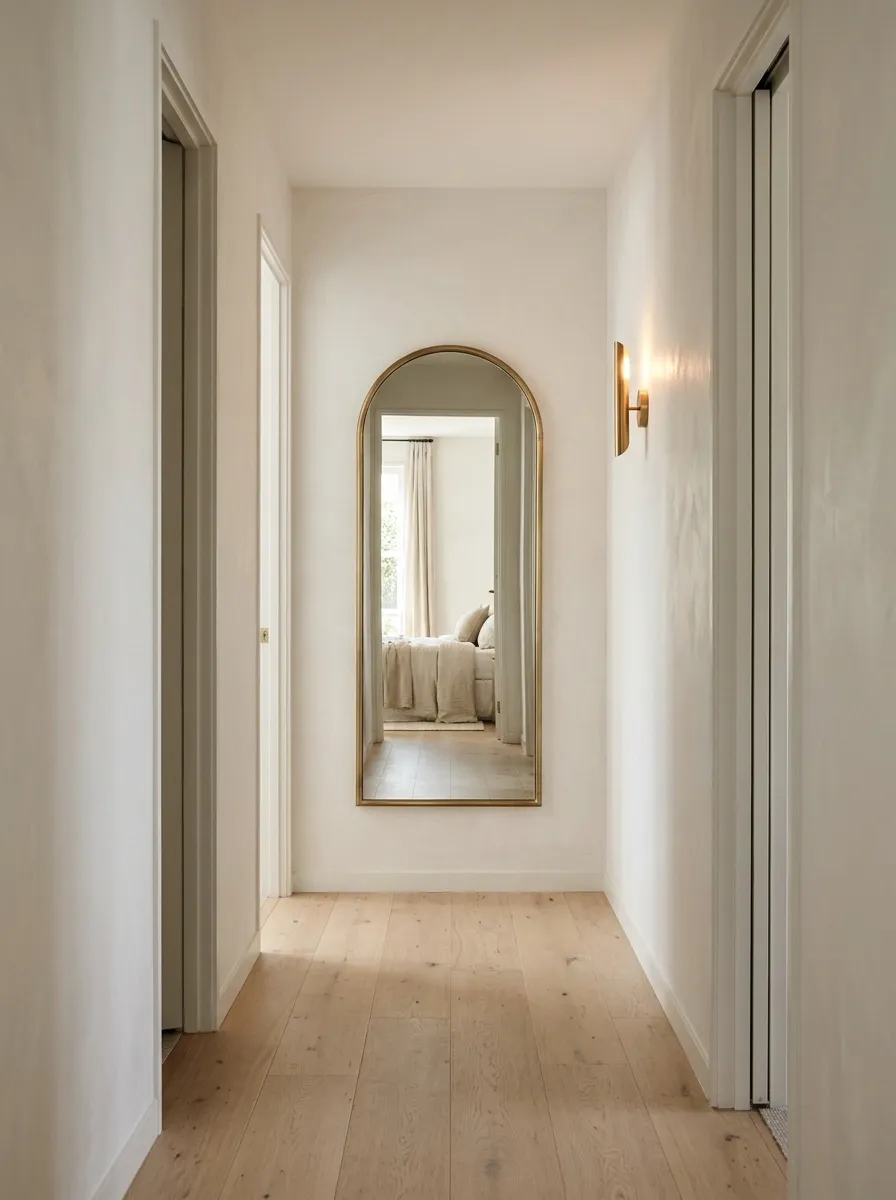 A Tall Arched Mirror in a Narrow Hallway