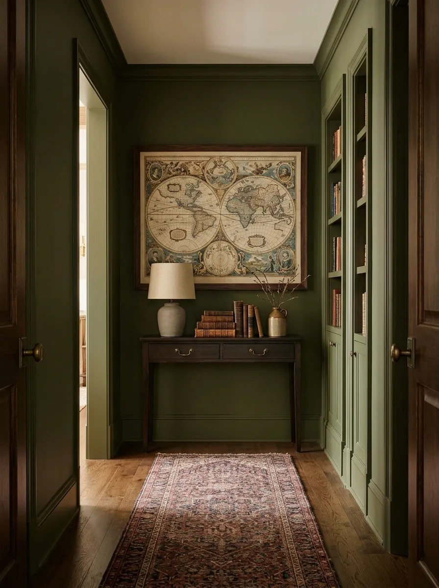 A Vintage Map With a Refined Library-Inspired Hallway
