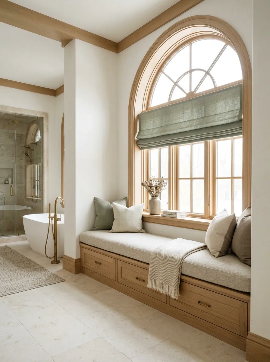 A Window Seat With Roman Shades in a Spacious Bathroom