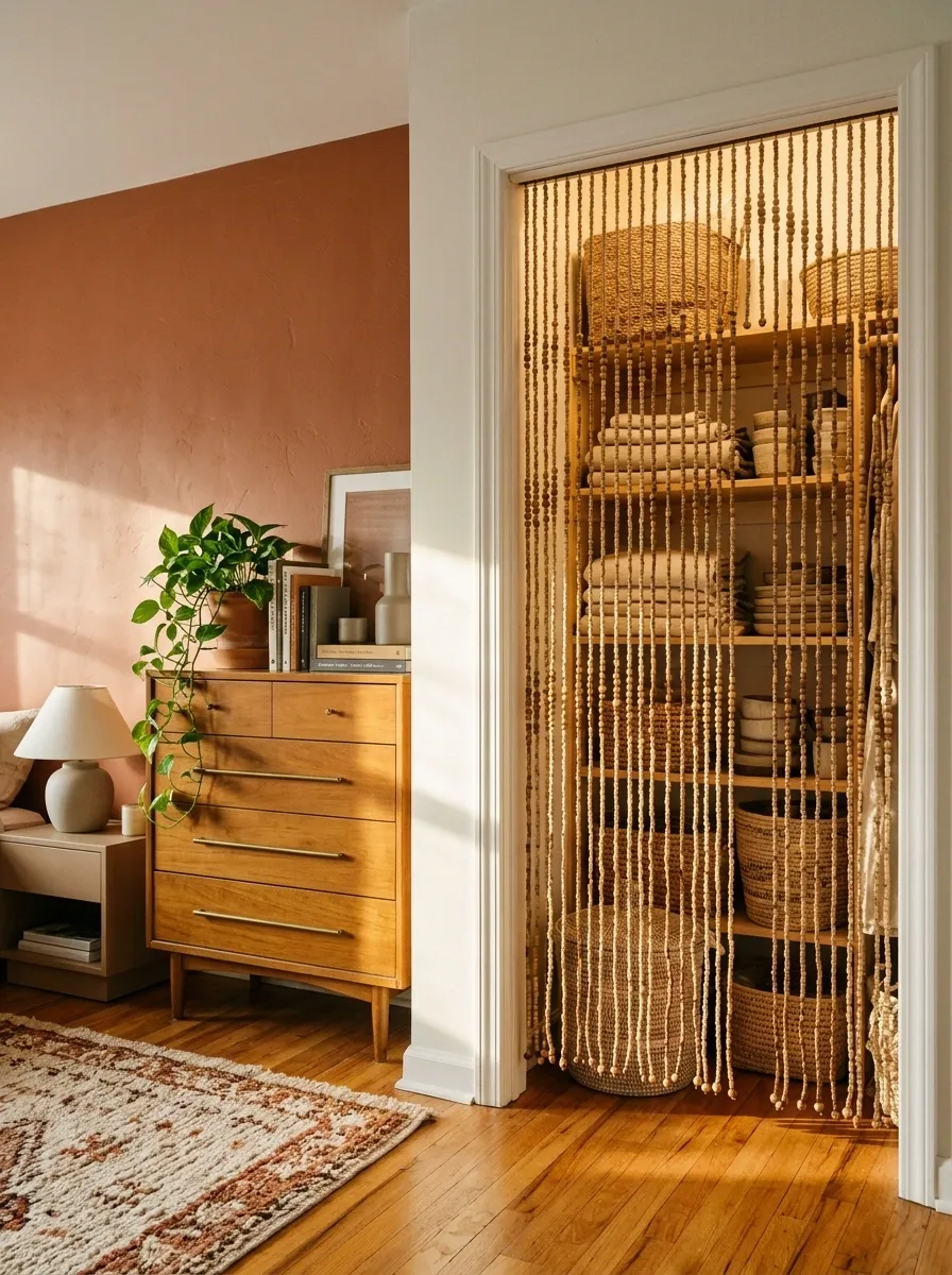 A Wooden Bead Curtain for an Open, Expressive Closet