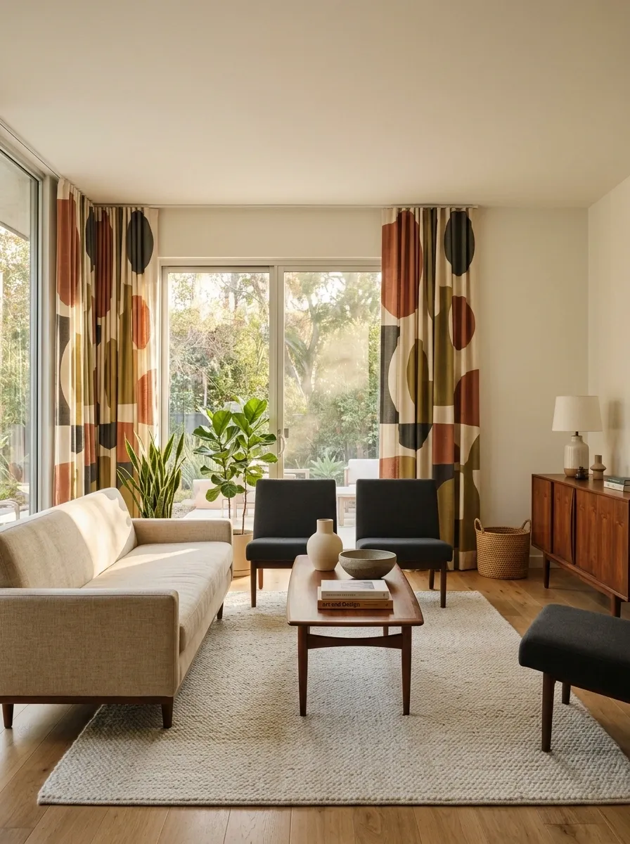 Abstract Geometric Curtains in a Mid-Century Living Room