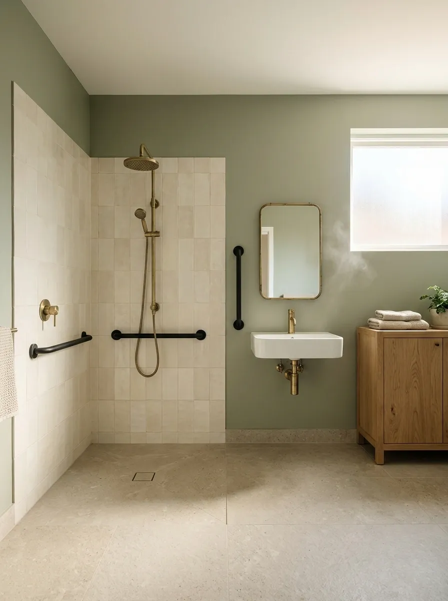 Accessible Bathroom With Heritage Tile and an Open Shower Approach