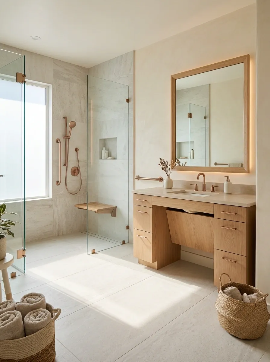 Accessible Bathroom With Oak, Pale Tile, and Warm Metal