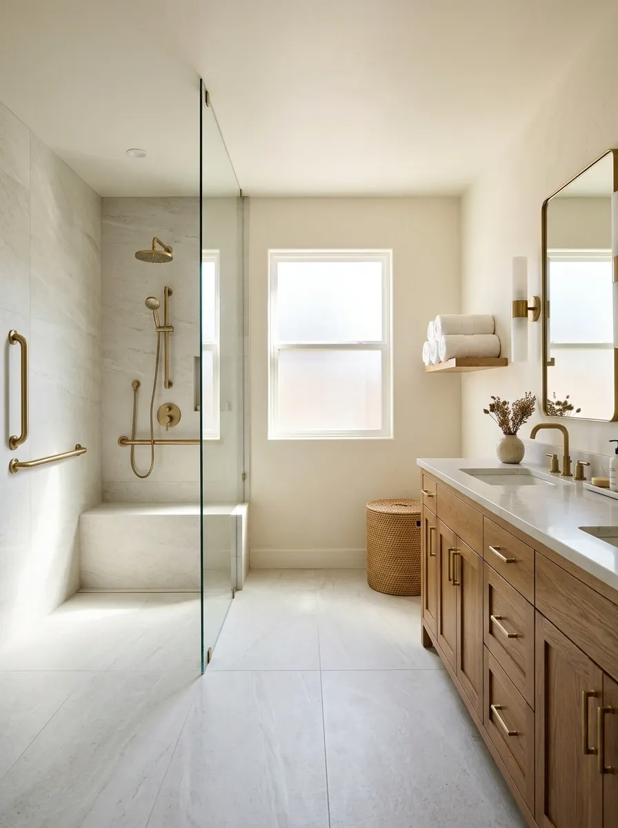 Accessible Farmhouse Bathroom With a Curbless Shower and Built-In Bench