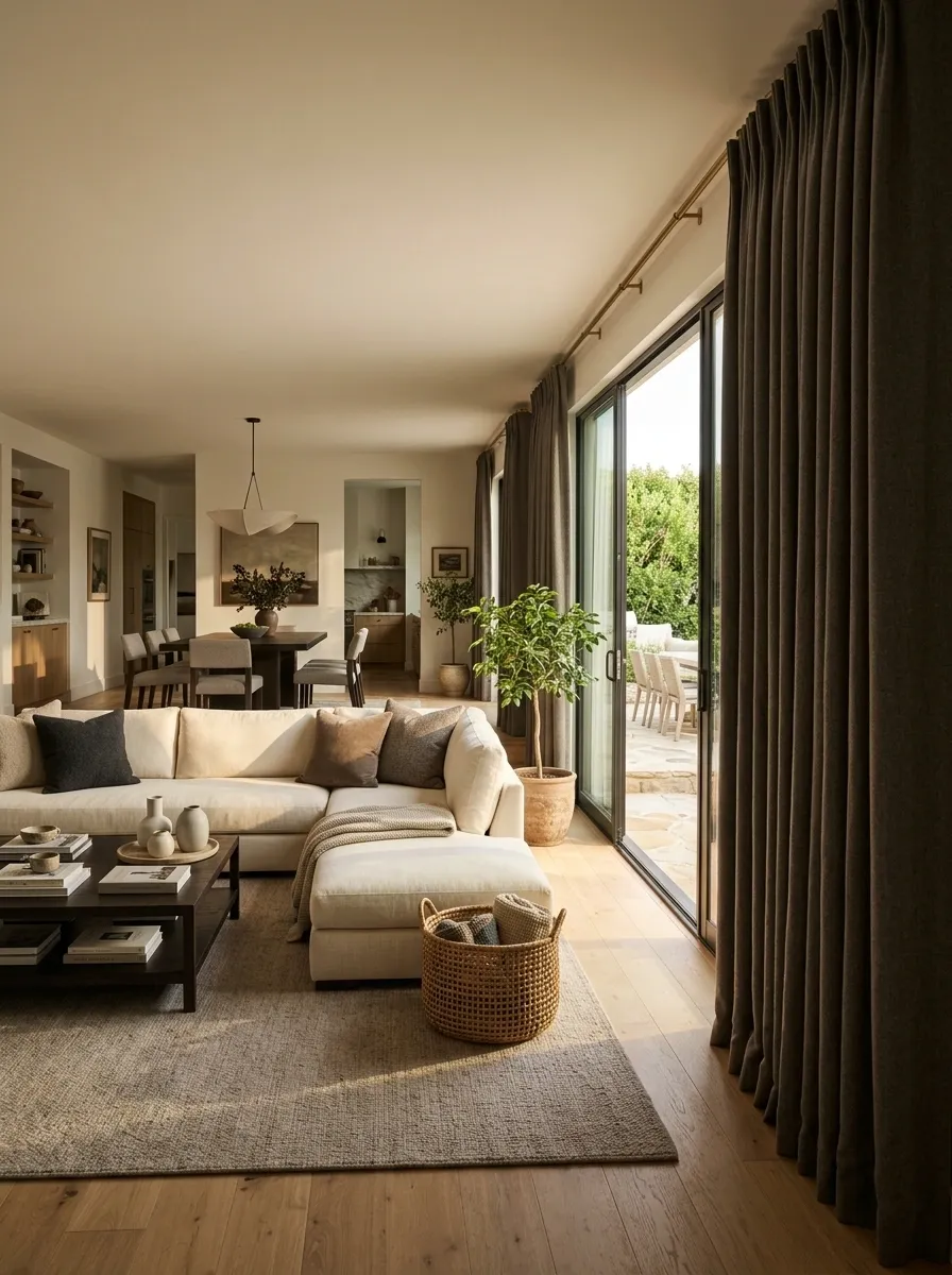 Acoustic-Lined Drapes in a Busy Open-Plan Living Room