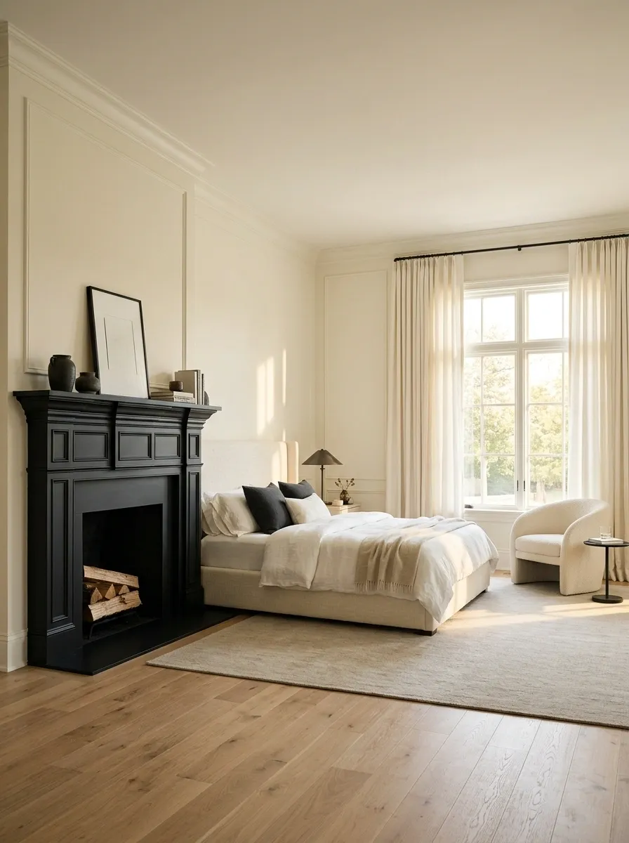 Airy Bedroom With a Black Fireplace and Soft Ivory Seating